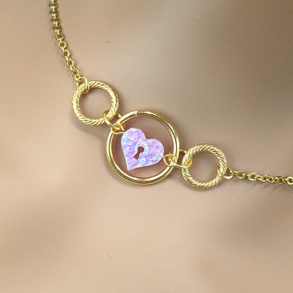 Day Collar * Gold Triple O Ring w/ Opal Heart Lock * Locking Options * 24/7 Wear