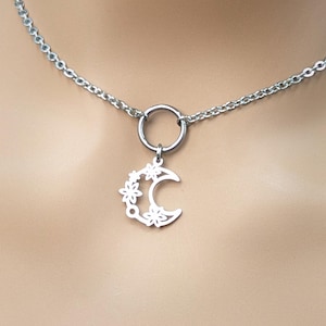 O Ring Day Collar with Floral Moon Dangle - Stainless Steel, Locking Options Available