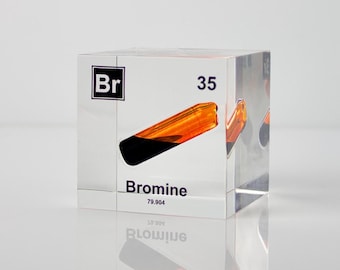 BROMINE Element Cube PERIODIC TABLE elemental bromine ampoule display for school education for scientist lucite acrylic display gift