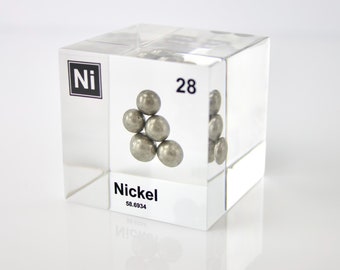 Nickelelementkub, metallisk display i akryl för vetenskapliga idéer, presenter, familj, vänner, hemmakontor, display, ren metall, exempeldekoration