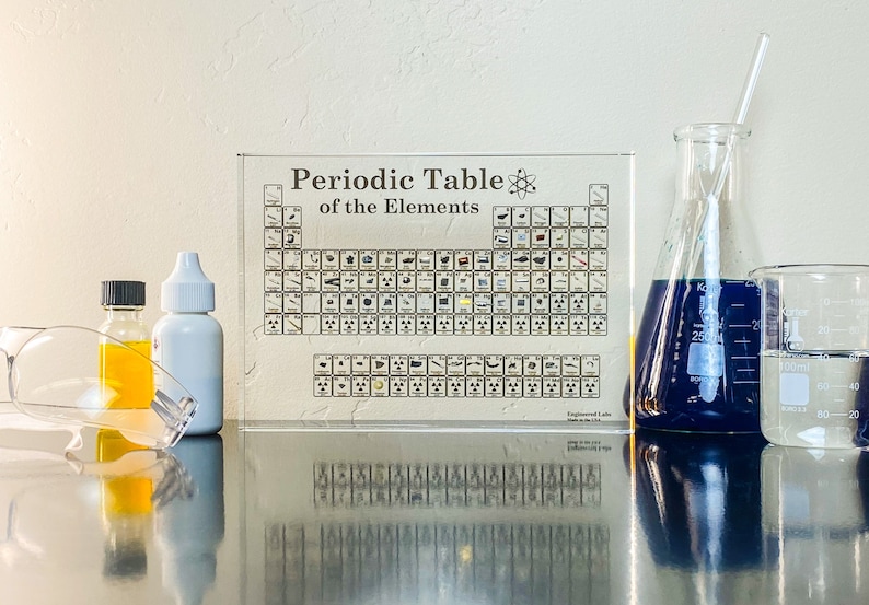Enhance your space with a lucite acrylic-encased periodic table featuring 85 real elements for a captivating display.