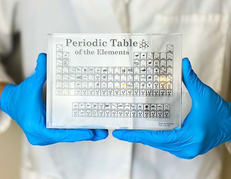 Periodic table with 85 real elements encased in transparent lucite acrylic for display.