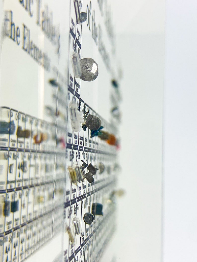Discover 85 authentic elements preserved in lucite acrylic blocks, forming an eye-catching periodic table.