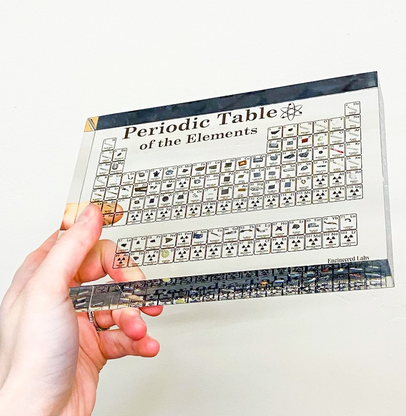 Elevate your decor with a stunning periodic table exhibit, boasting 85 authentic elements encased in clear lucite acrylic.