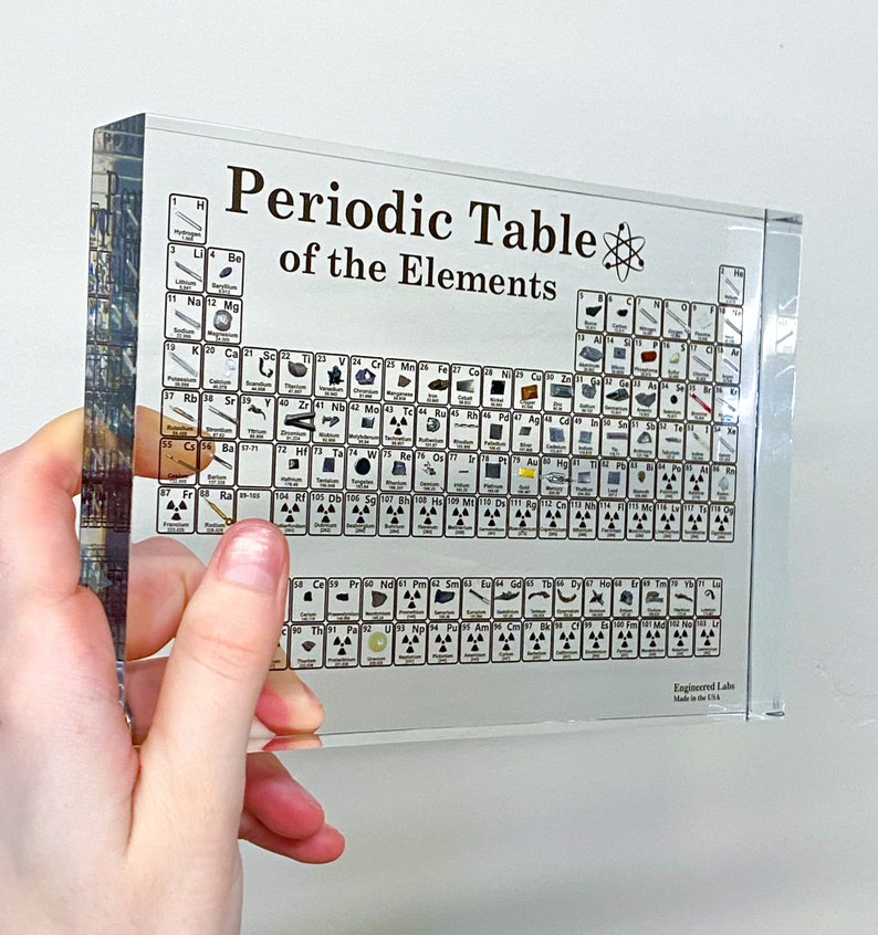 Explore the periodic table's beauty with 85 genuine elements encased in transparent lucite acrylic, perfect for educational settings.