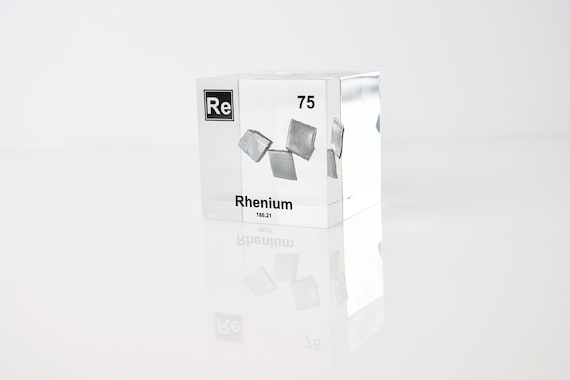 A solid cube of actual Rhenium — one of the rarest, densest metals on Earth — making it a jaw-dropping desk object and periodic table trophy for science nerds.