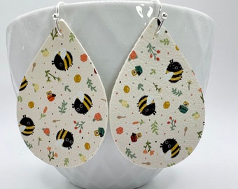 Bee teardrop earrings, vegan leather, lightweight, handmade.