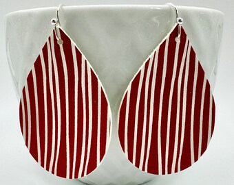 Red wavy striped teardrop earrings. Nickel free, lightweight, handmade, vegan