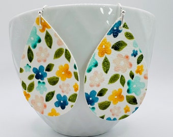 Spring flowers teardrop earrings. Vegan leather, lightweight, handmade.