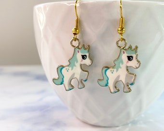 Blue & White Horse Charm earrings, nickel free,24mm × 20mm