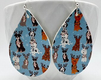 Reindeer pups teardrop earrings. Vegan leather, lightweight, handmade.