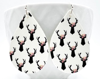 Deer with flowers holiday earrings, vegan leather, handmade, lightweight.