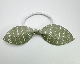 Green boho ponytail bow. Lightweight, handmade, vegan leather.