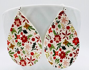 Winter floral teardrop earrings. Vegan leather, lightweight, handmade.