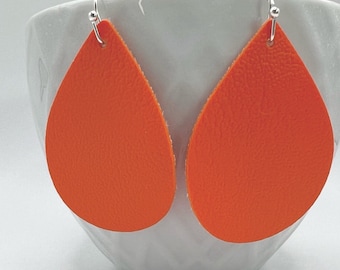 Halloween orange teardrop earrings, lightweight, handmade, vegan leather.