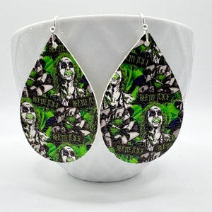 Beetlejuice Halloween teardrop earrings, vegan leather