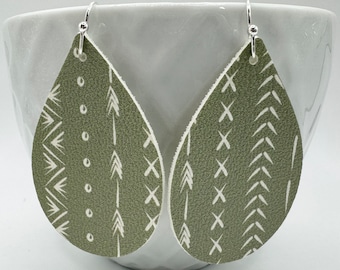 Green boho teardrop earrings. Nickel free, lightweight, vegan leather.