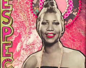 Aretha Franklin,  "Respect", Mixed media on canvas, rock and roll art, Collection "Sacred Saints of Rock