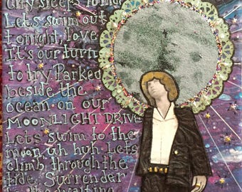 Jim Morrison, Moonlight Drive,  Mixed media on canvas, rock music art.  Rock and roll art, Collection "Sacred Saints of Rock"