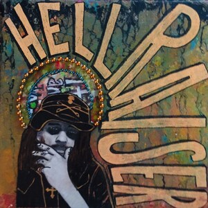 May include: A mixed media artwork featuring a person wearing a black hat with a skull and crossbones design. The person is looking down and has their hand on their chin. The background is a colorful abstract design with the word "HELLRAISER" written in gold letters.