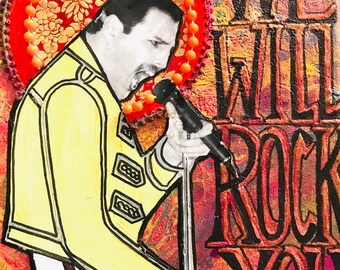 Freddie Mercury, Queen,  "We Will Rock You" mixed media on canvas, Freddie Mercury artwork, Freddie Mercury gifts, Queen artwork, Queen art