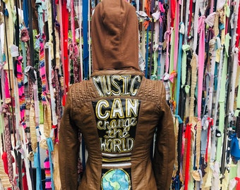 Music Can Change The World hand painted pleather jacket, painted jacket, hand painted kids jacket, denim kids jacket, painted kids jacket,