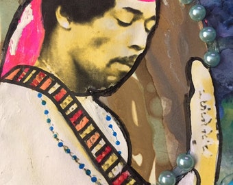 Jimi Hendrix, "Voodoo Child",  Mixed media on canvas, rock music art.  Rock and roll art, music decor, music decoration, music gifts,  music