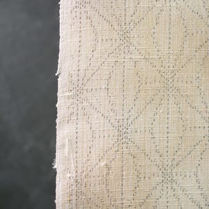 May include: Close-up of a textured, off-white fabric with a geometric pattern of small, dark gray dots. The fabric's edge is visible on the left, revealing a slightly frayed texture. The background is a dark gray.