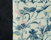 Antique Japanese Silk Kinsha Chirimen Textile / Pale Blue Chinoiserie Floral & Garden Ornament Dyed Kimono Fabric Scrap 51.2"