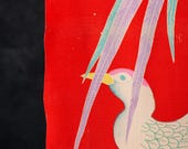 Antique Japanese Silk Chirimen Textile / Vivid Red Multicolor Phoenix Bird Kimono Fabric Scrap / Taisho Era 58.3"