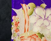 Antique Japanese Silk Rinzu Textile / Floral Medallion, Folding Fan & Screen Pattern Fabric / Taisho Era 44.9"