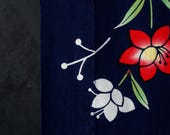 Vintage Japanese Yukata Cotton Textile / Indigo Blue Red & White Floral Dyed Kimono Fabric Scrap / Showa Era 59.1"