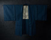 Vintage Japanese Men’s Wool Haori Jacket / Textured Blue Kimono Coat with Traditional Landscape Lining / Showa Era