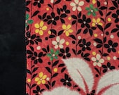 Antique Japanese Rinzu Silk Fabric Scrap / Taisho Era Floral Kimono Textile / Red Blossom Pattern 42.5"