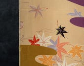 Antique Japanese Taisho Silk Textile / Flowing Water Autumn Leaves Pattern / Long Wabi-Sabi Fabric Panel 71.7"