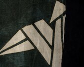 Antique Japanese Katazome Cotton Textile / Indigo Green & Crane Motif / Taisho Era Fabric 49.6"