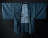 Vintage Japanese Men’s Wool Haori Jacket / Teal Blue Micro Check Kimono Coat with Traditional Landscape Lining / Showa Era