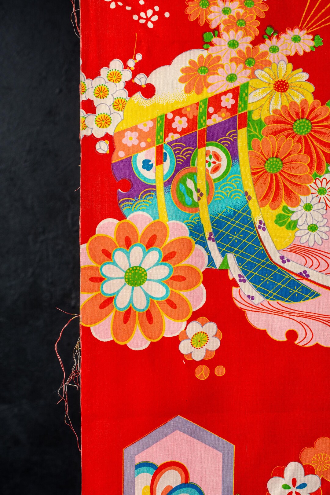 Wa Pattern Vintage Japanese Silk Kimono Fabric Panel / Bright Red Floral Wa ...