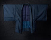 Vintage Japanese Men’s Blue Wool Haori Jacket / Small Circular Geometric Pattern Kimono Coat / Showa Era