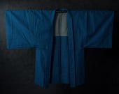 Vintage Japanese Men’s Wool Haori Jacket / Vivid Teal Blue Fine Stripe Woven Kimono Coat / Showa Era