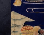 Vintage Japanese Silk Kimono Fabric Panel / Boat & Wave Motif Textile / Traditional Folk Design 37"