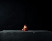 Vintage Japanese Daruma Dorei Clay Bell / Hand-Painted Red Good Luck Folk Art with Gold Tomoe Crest / Showa Era 2.8"