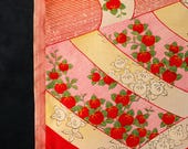 Antique Japanese Silk Textile / Yuzen Dyed Noshi Ribbon, Peony & Tachibana Floral Fabric / Taisho Era 70.1"