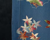 Antique Japanese Silk Chirimen Textile / Yuzen Dyed Pine, Maple & Tachibana Orange Garden Fabric / Taisho Era 57.5"