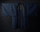 Vintage Japanese Men’s Navy Blue Wool Haori Jacket / Subtle Crosshatch Textured Weave Kimono Coat / Showa Era