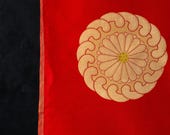 Antique Japanese Silk Textile / Yuzen Dyed Chrysanthemum & Swirling Tomoe Medallion Fabric / Taisho Era 64.6"