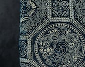 Antique Japanese Indigo Katazome Cotton Textile / Karajishi Lion & Floral Medallion Stencil Dyed Fabric / Meiji Era 63"