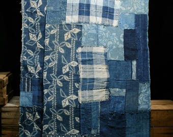 Tela japonesa de algodón, kimono vintage, parche BORO RANRU antiguo, teñido en azul índigo KATAZOME, 67,3"/EIA30/480