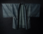 Vintage Japanese Men’s Blue Green Wool Haori Jacket / Fine Dotted Geometric Woven Pattern Kimono Coat / Showa Era