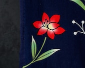 Vintage Japanese Yukata Cotton Textile / Indigo Blue Red & White Floral Dyed Kimono Fabric Scrap / Showa Era 59.1"